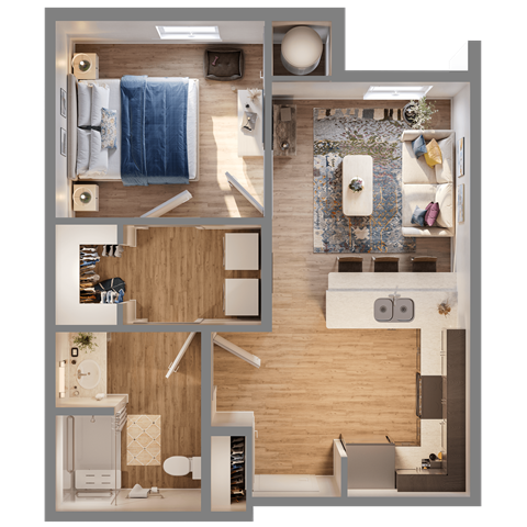 Floor plan for 1 bed, 1 bath, 640 sqft